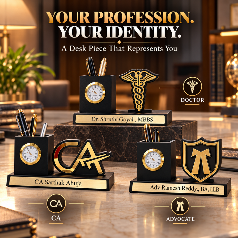 Personalised Professional Pen Stand | Mini Clock Desk Organizer with Custom Logo | Premium Office Table Accessory Gift