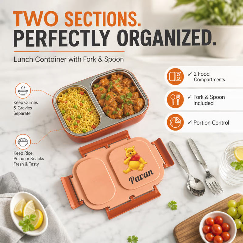 Personalized Bento 2 Partition Lunch Box | Stainless Steel Inner Lunch Container with Fork & Spoon | Custom Name Lunch Box for Kids, Adults, Office, School & Travel