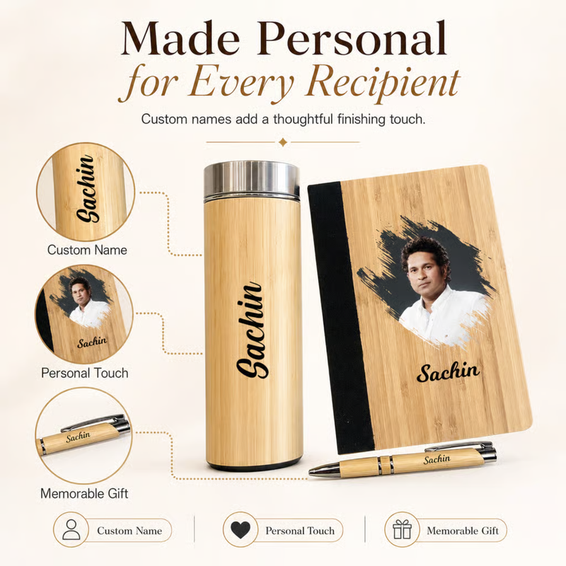 Personalized Maple 3 in 1 Gift Set | Custom Name Flask Diary & Pen Combo | Bamboo Finish Corporate Birthday Office Gifting Set