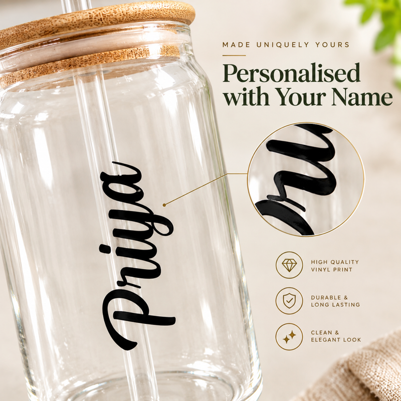 Personalised Borosil Glass Tumbler | Glass Cup with Wooden Lid & Straw
