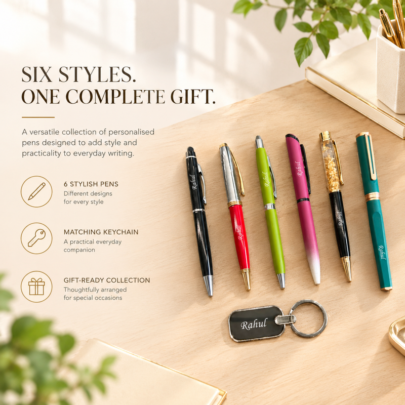 6 in 1 Personalised Pen Gift Set | 6 Stylish Pens with Keychain | Premium Gift Set for Men & Women