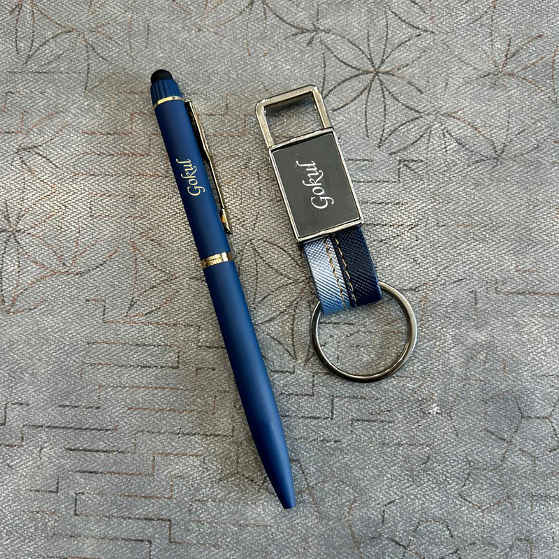 Personalised Dual Tone Pen & Keychain Set | Stylish Pen with Matching Dual Tone Keychain | 2-Piece Gift Set for Men & Women