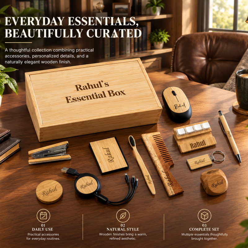 Bamboo Customised Essential Gift Set | Personalised Wooden Box with Toothbrush, Hair Brush, Stapler, Bottle Opener, Cable Set, Card Holder, Pen, Keychain, Mobile Holder & Mouse