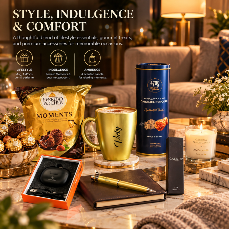 Luxury Customised Gift Hamper | Personalised Bistro Mug, Ferrero Moments, Popcorn, AirPods, Pen, Perfume & Candle Premium Gift Set