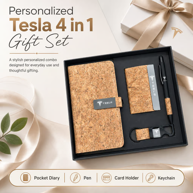 Personalized Tesla 4 in 1 Gift Set | Custom Name Pocket Diary Pen Card Holder & Keychain Combo | Corporate Birthday Office Gifting Set