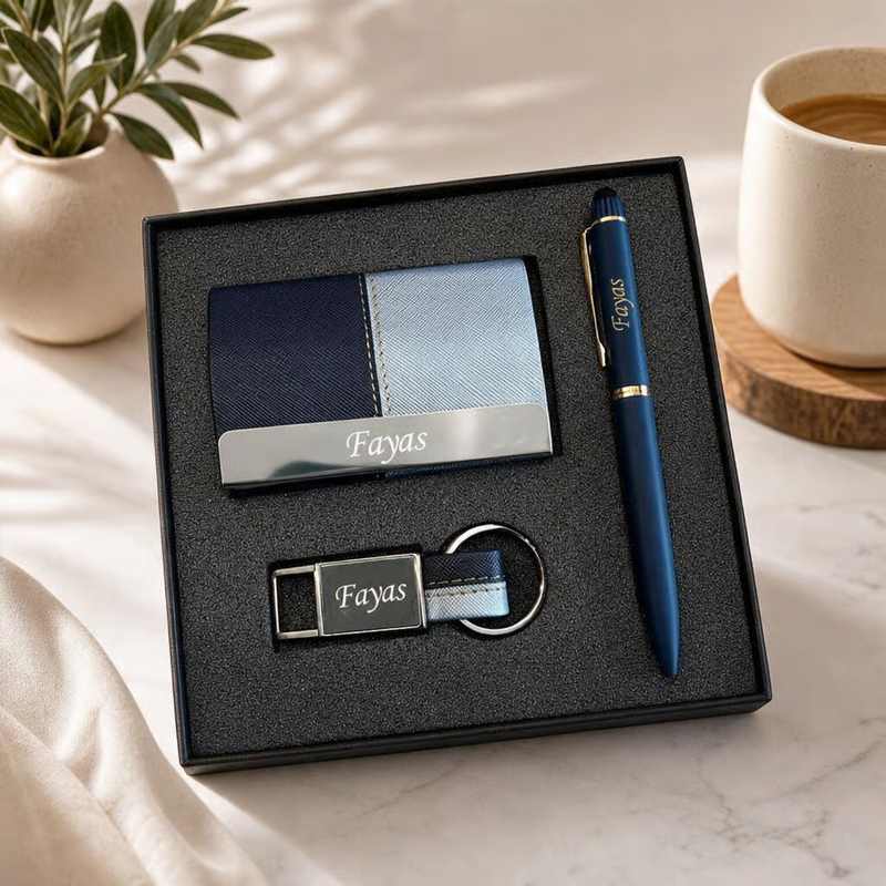 Personalized Dual Tone 3 in 1 Gift Set | Custom Name Card Holder Pen & Keychain Combo | Corporate Birthday Office Gifting Set