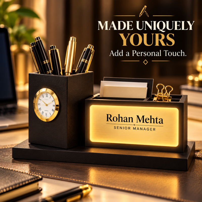 Personalised Rotating Pen Stand | Wooden Stationery Holder with Desk Organizer | Premium Office Table Accessory Gift