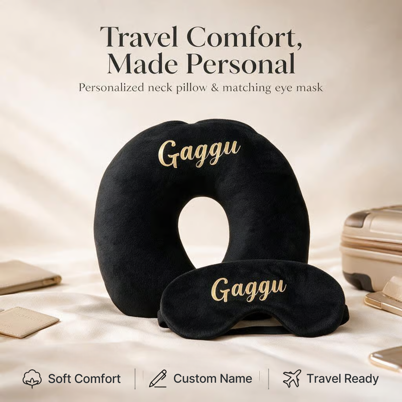Personalized Travel Pillow & Eye Mask Set | Custom Name Printed Neck Pillow with Matching Sleep Mask | Soft Travel Comfort Set for Flights Car Train & Gifting