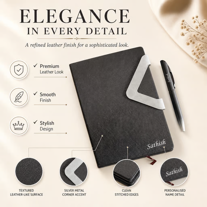 Volas Personalised Diary Pen Set | Premium Leather Finish Diary with Custom Name Printing & Matching Pen | Elegant Office Stationery Gift Set for Professionals