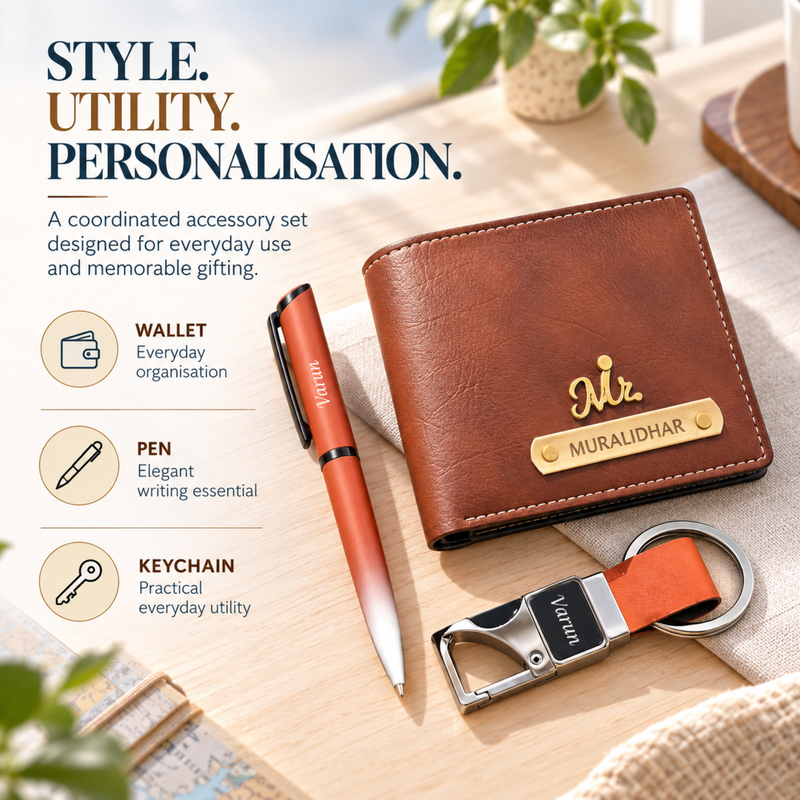 Nexon Customised Wallet Pen & Keychain Combo | Personalised Men Wallet, Pen & Bottle Opener Keychain Gift Set | Premium Accessories Hamper