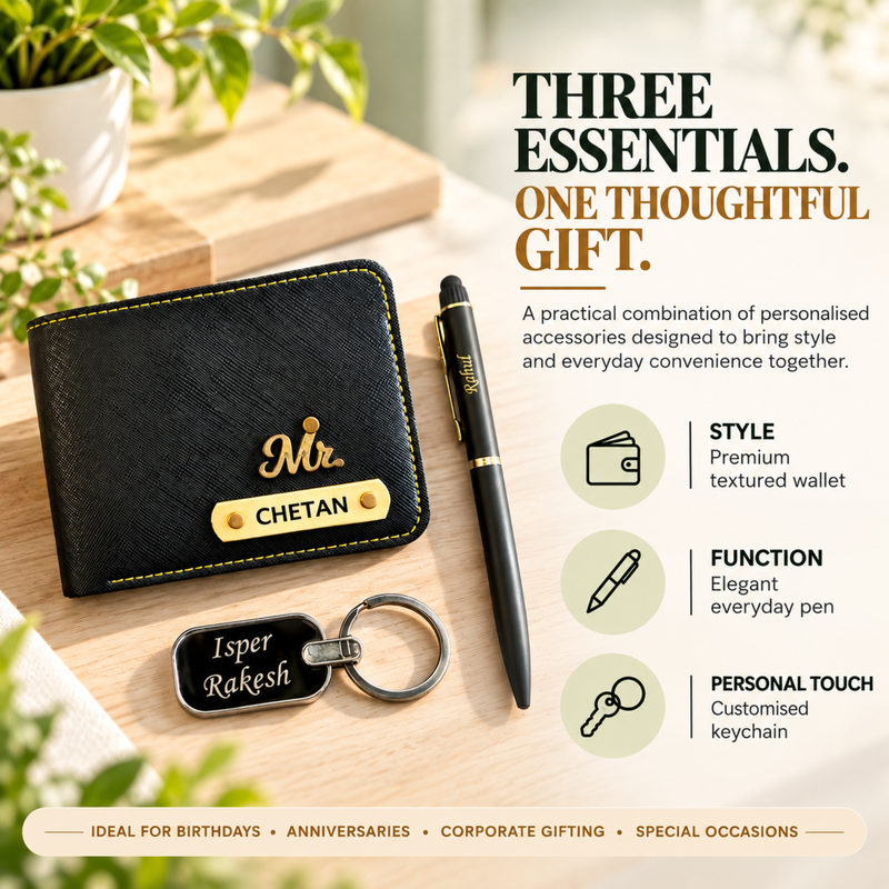Saffiona 3 in 1 Personalized Gift Set | Premium Men Wallet with Pen & Keychain Combo | Custom Name Wallet Gift Set for Men | Stylish Corporate & Birthday Gift