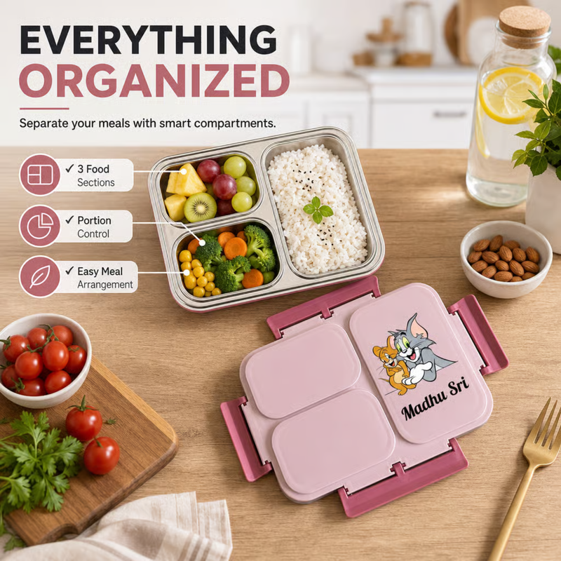 Personalized Bento 3 Partition Lunch Box | Stainless Steel Inner Lunch Container with Fork & Spoon | Custom Name Lunch Box for Kids, Adults, Office, School & Travel