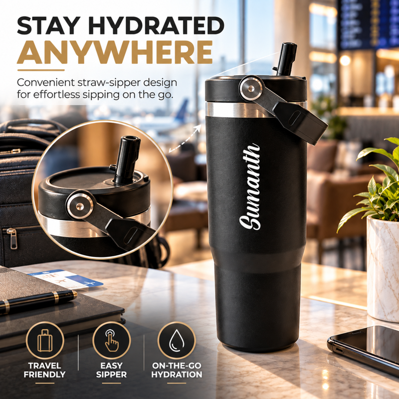 Zenith Customised 900 ml Stainless Steel Straw Sipper Flask | Personalised Insulated Travel Tumbler for Hot & Cold Beverages | Premium Reusable Water Bottle