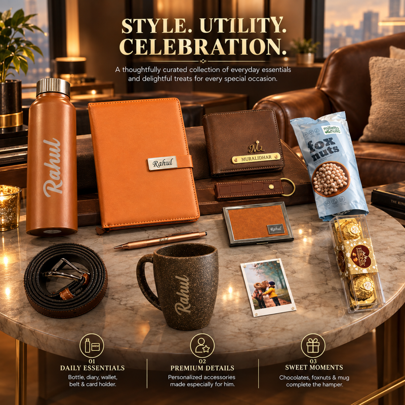 Alpha Customised Gift Set for Men | Personalised Aqua Steel Bottle, Diary, Wallet, Pen, Keychain, Card Holder, Belt, Mug, Chocolates & Premium Accessories Gift Hamper
