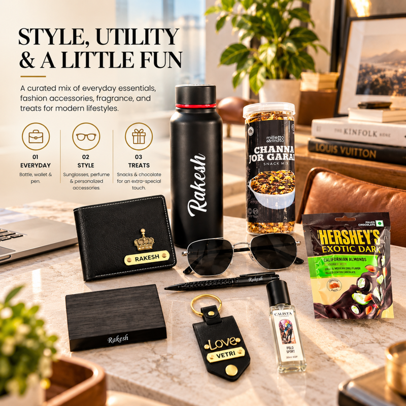 Genz Cool Customised Hamper | Personalised Boro Trek Bottle, Wallet, Pen, Photo Keychain, Sunglasses, Perfume, Snacks & Chocolate Gift Set