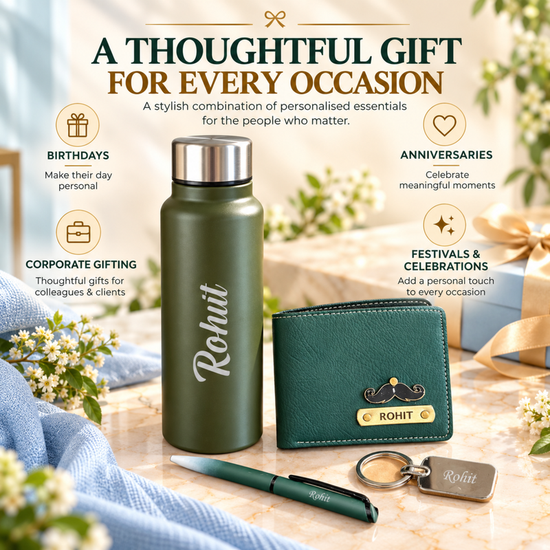Hycross Customised Gift Set | Personalised Aqua Steel Bottle, Nexon Men Wallet, Pen & Keychain Combo | Premium Gift Hamper for Men