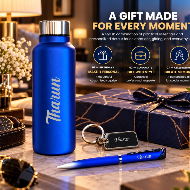 Brittle Customised Gift Set | Personalised Aqua Steel Bottle, Pen & Keychain Combo | Premium Gift Hamper for Birthdays, Corporate Gifting & Special Occasions