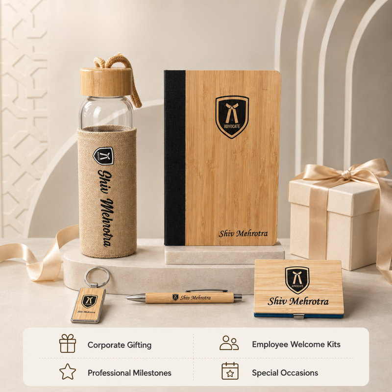 Personalized Prima Bamboo 5 in 1 Gift Set | Custom Name Diary Bottle Pen Keychain & Card Holder Combo | Corporate Office Gifting Set