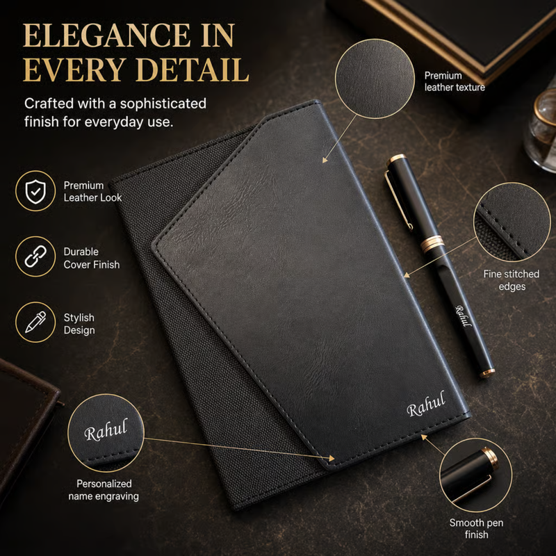 Windsor Diary Pen Set | Premium Leather Finish Notebook with Stylish Writing Pen | Personalized Gift Set for Office Students Professionals | Elegant Diary & Pen Combo