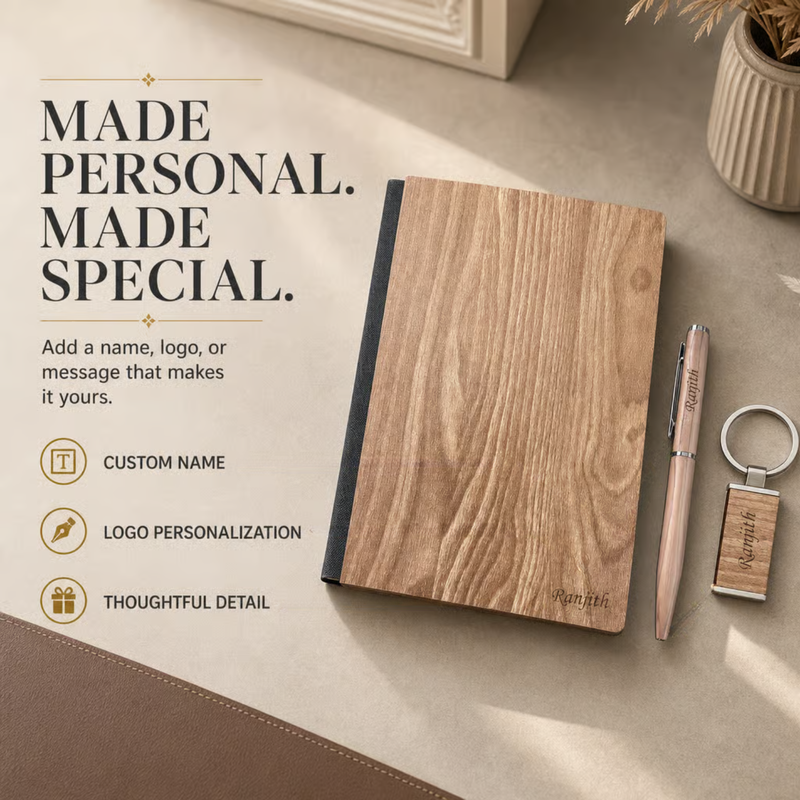 Embassy Gift Set | A5 Wooden Finish Diary with Premium Pen & Personalized Keychain | Luxury Corporate Gift Set for Office Professionals & Special Occasions