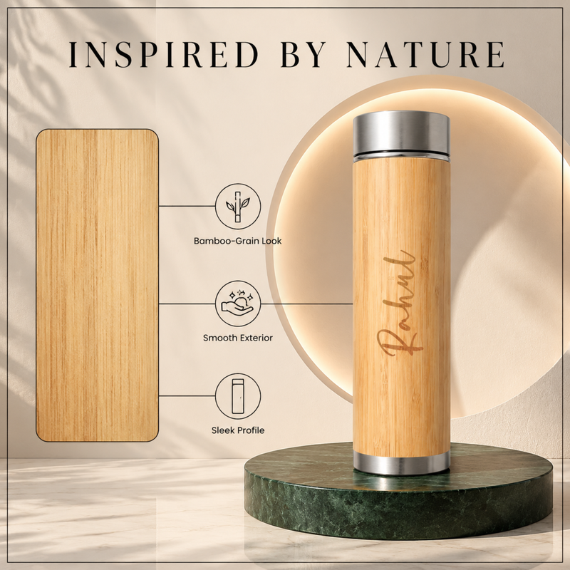 Personalised Bamboo LED Flask 500 ml | Stainless Steel Insulated Bottle with Temperature Display | Natural Bamboo Colour
