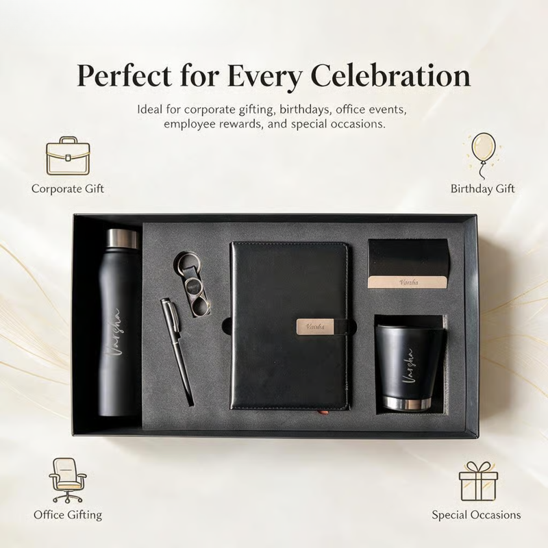 Personalized Crown 6 in 1 Gift Set | Custom Name Flask Diary Travel Mug Pen Card Holder & Keychain | Corporate Office Birthday Gift Combo
