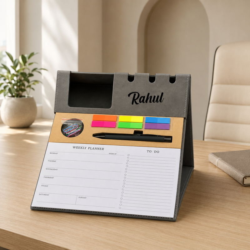 Smart Desk Organiser with Daily Planner | Mobile & Pen Holder with Sticky Notes | Multipurpose Office Desk Planning Organizer