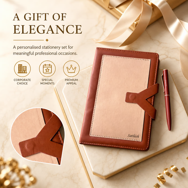 Regal Personalised Diary Pen Set | Premium Leather Finish Diary with Custom Name Panel & Matching Pen | Elegant Office Stationery Gift Set for Professionals
