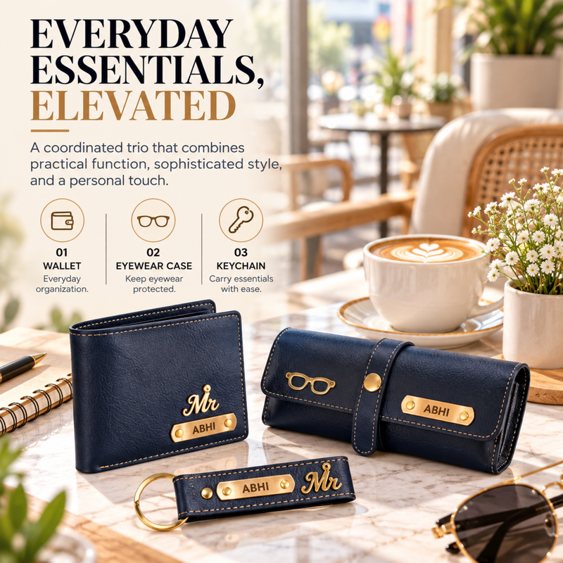Nexon Customised 3 in 1 Hamper | Personalised Men Wallet, Eyewear Case & Keychain Gift Set | Premium Accessories Gift Box for Men