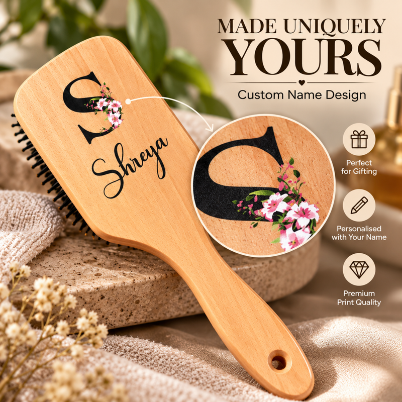 Personalised Bamboo Bristle Hair Brush | Natural Wooden Hair Brush