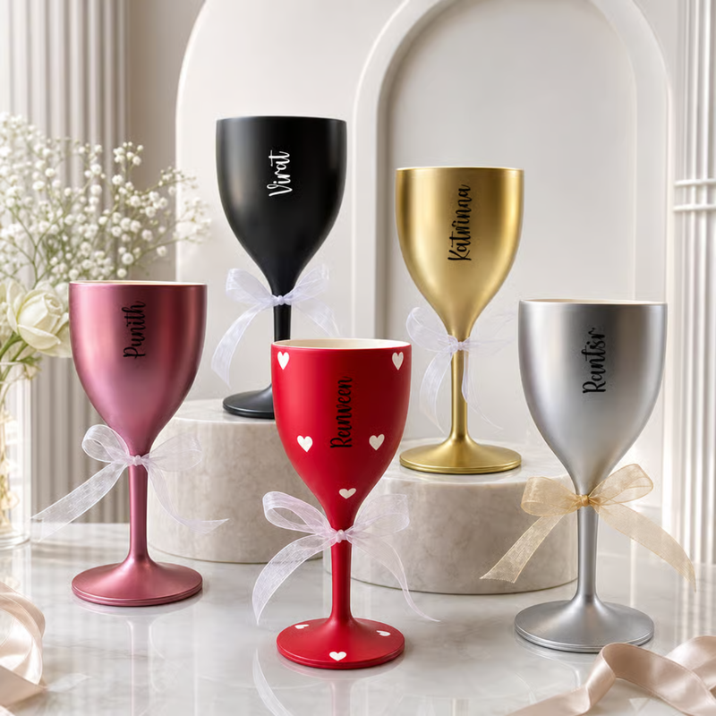 Personalized Wine Glass Set of 2 | 300 ml Premium Unbreakable Wine Glasses with Custom Name Printing | Matte Finish Champagne Goblets for Wedding, Anniversary, Couple, Birthday & Gift | Gift Box Available