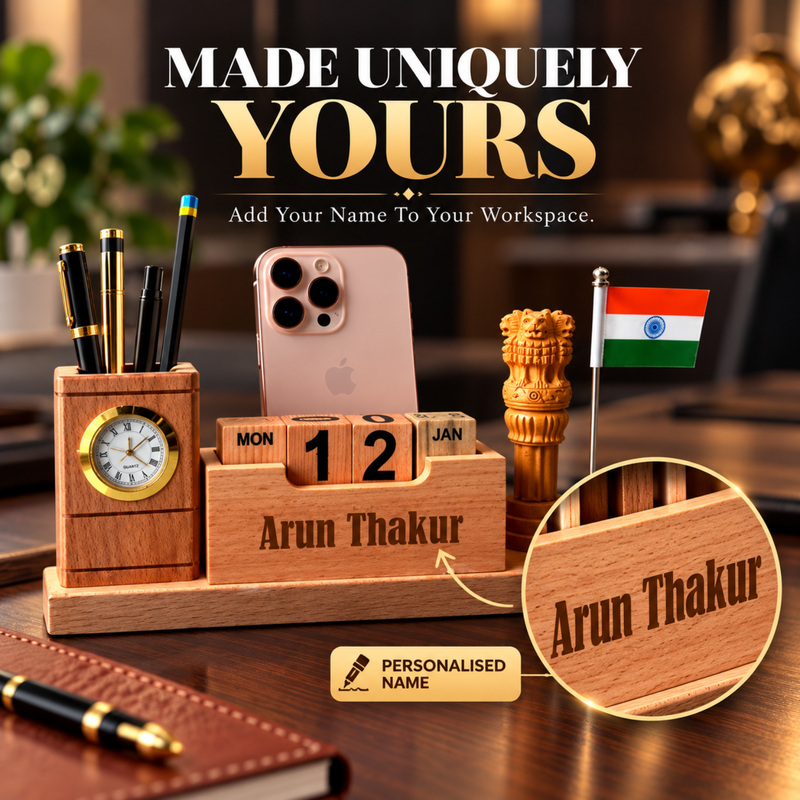 Personalised Emblem Pen Stand with Clock & Flag | Custom Desk Organiser