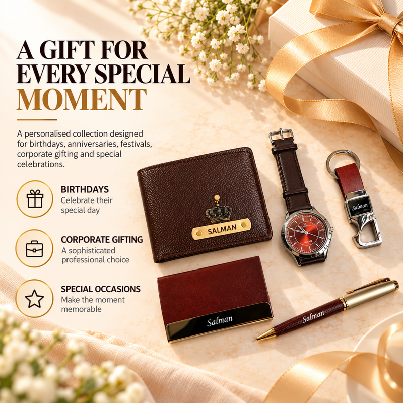 Timex Personalised Gift Set | Executive Wallet with Wrist Watch Pen Keychain & Card Holder | Premium Customised Gift Hamper for Men