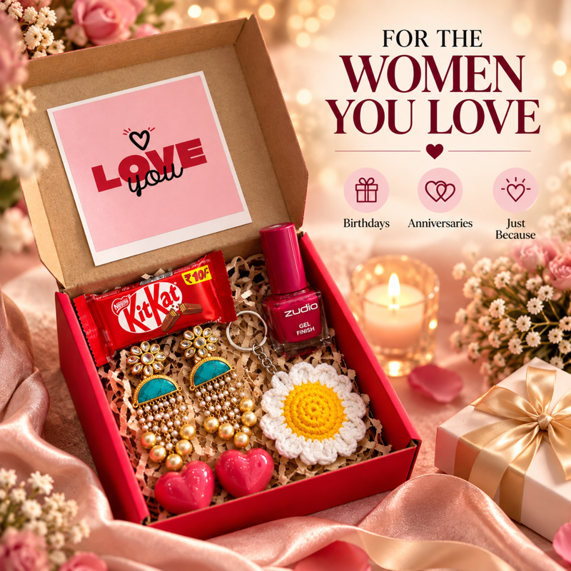 Personalised Made For Her Gift Box | Elegant Women Gift Hamper with Earrings, Keychain, Nail Paint & Chocolates
