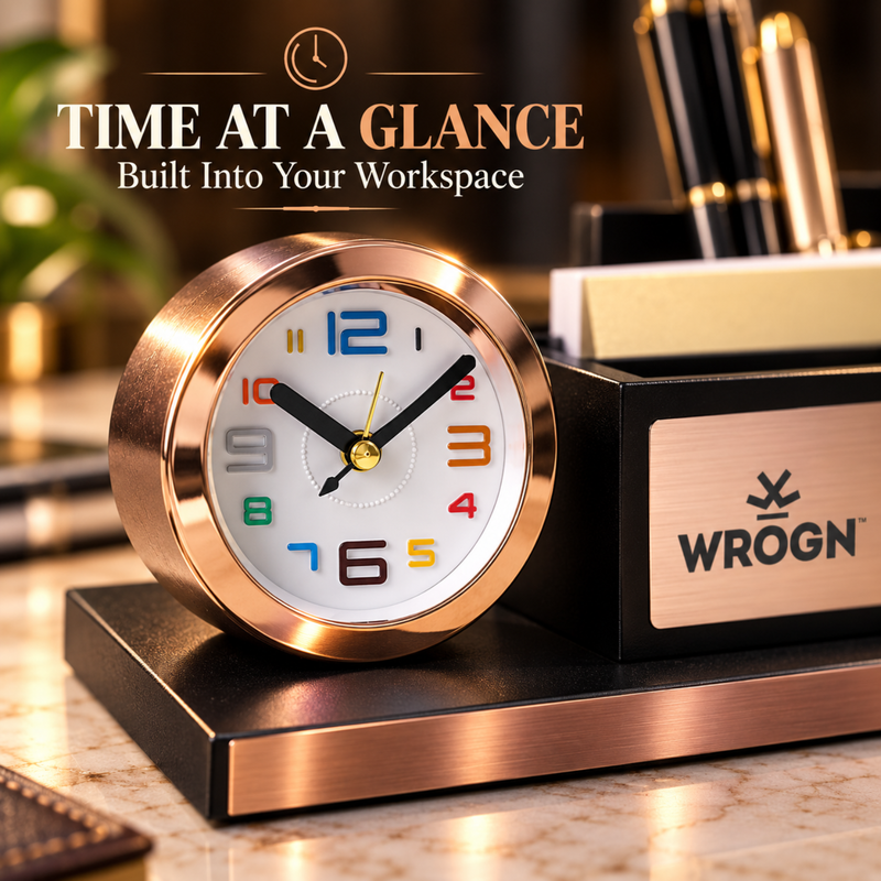 Personalised Rose Gold Pen Stand with Mini Clock | Premium Desk Organizer with Mobile Holder | Office Table Accessory Gift