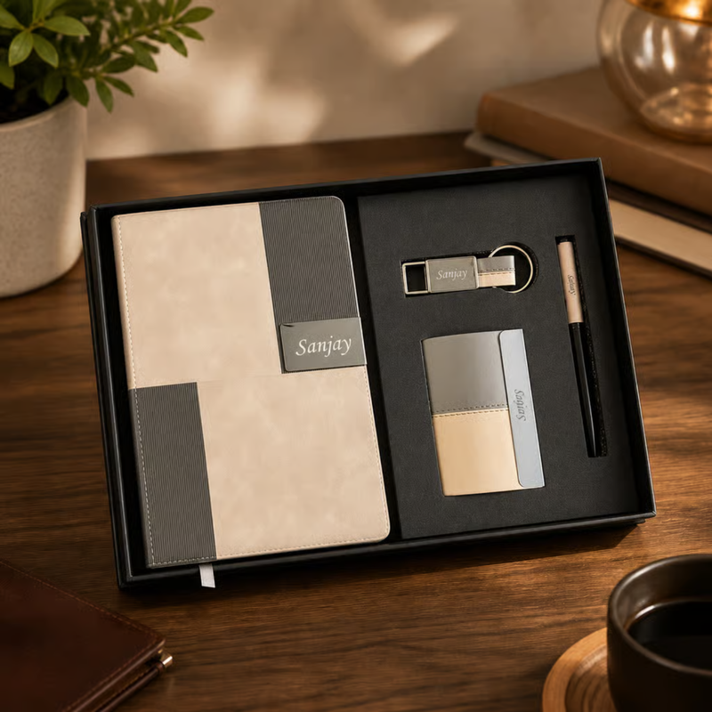 Personalized Ivory 4 in 1 Gift Set | Custom Name Diary Pen Keychain & Card Holder Combo | Corporate Birthday Office Gifting Set
