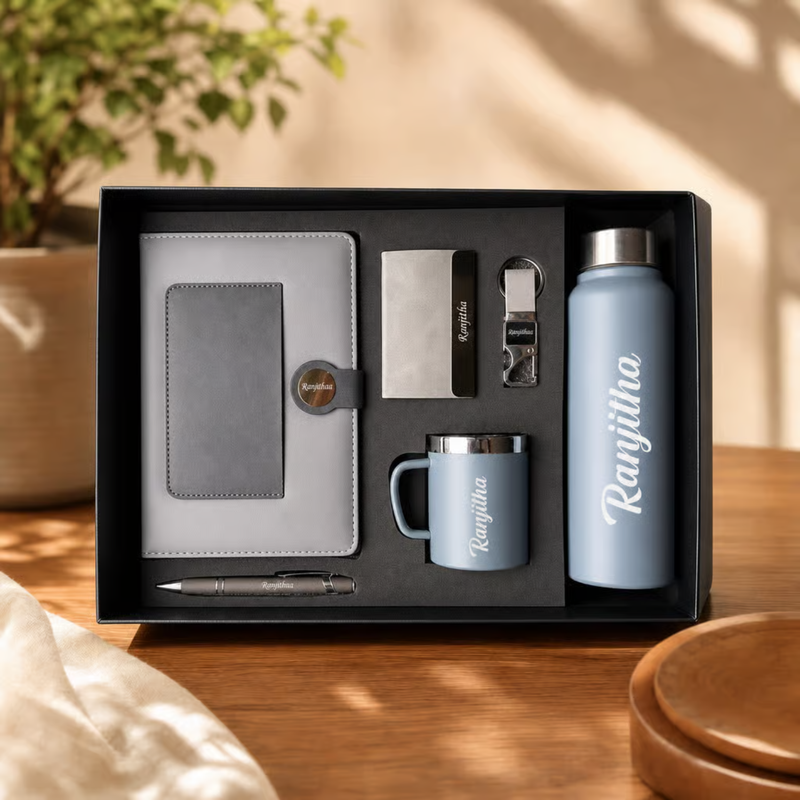 Personalized Mercury 6 in 1 Gift Set | Custom Name Diary Bottle Pen Keychain Card Holder & Mug Combo | Corporate Birthday Office Gifting Set