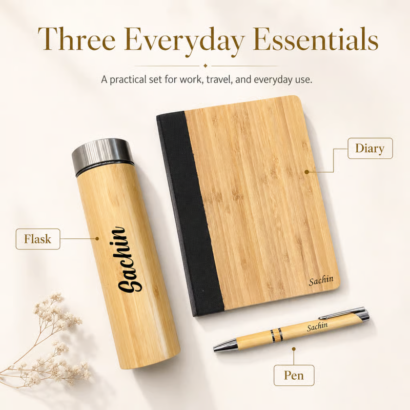 Personalized Maple 3 in 1 Gift Set | Custom Name Flask Diary & Pen Combo | Bamboo Finish Corporate Birthday Office Gifting Set