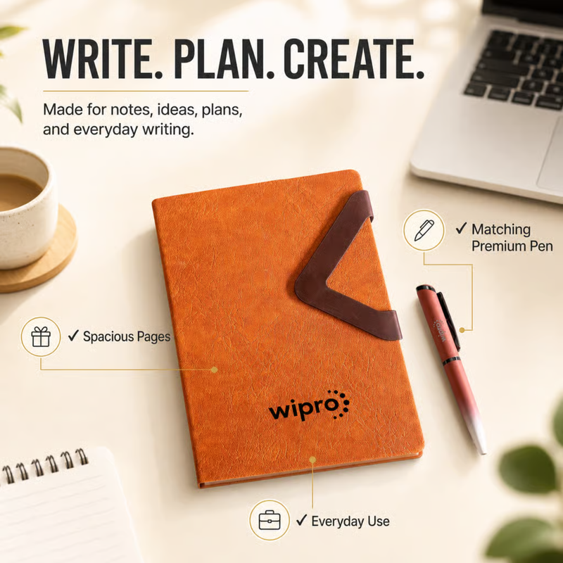 Volas Personalised Diary Pen Set | Premium Leather Finish Diary with Custom Name Printing & Matching Pen | Elegant Office Stationery Gift Set for Professionals