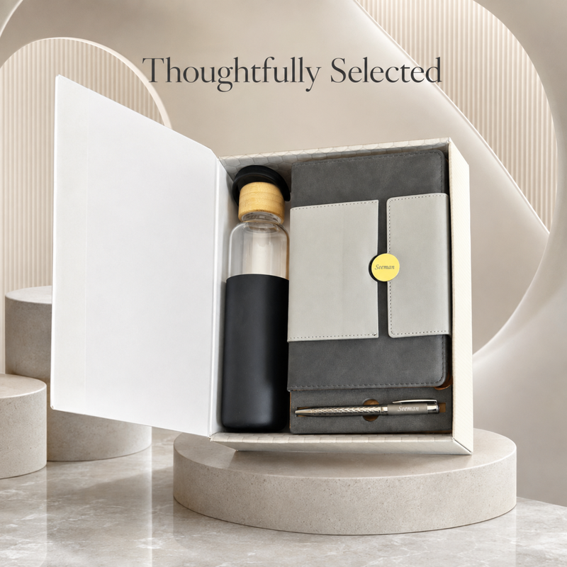 Personalized Orbitor 3 in 1 Gift Set | Custom Name Glass Bottle Diary & Pen Combo | Corporate Birthday Office Gifting Set