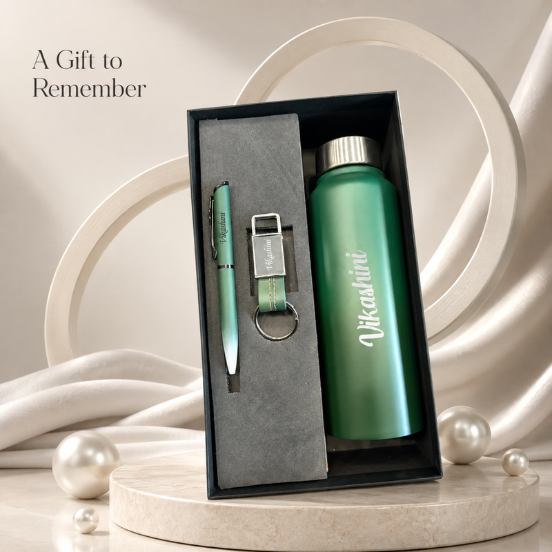 Personalized Pebble 3 in 1 Gift Set | Custom Name Bottle Pen & Keychain Combo | Corporate Birthday Office Gifting Set