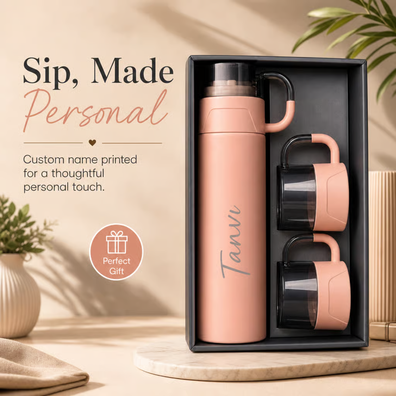 Personalized Alexa Flask with 2 Cups | Custom Name Printed Flask & Cup Gift Set | Travel Drinkware Set for Office Home Gifting