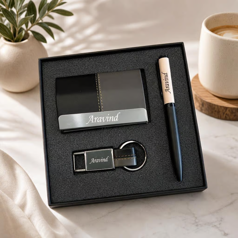 Personalized Dual Tone 3 in 1 Gift Set | Custom Name Card Holder Pen & Keychain Combo | Corporate Birthday Office Gifting Set