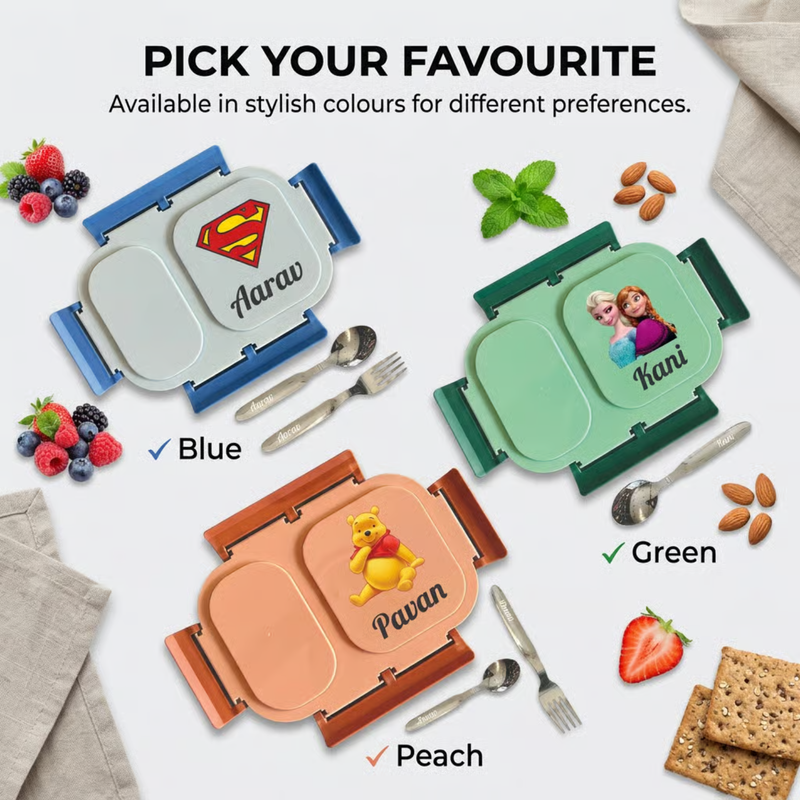 Personalized Bento 2 Partition Lunch Box | Stainless Steel Inner Lunch Container with Fork & Spoon | Custom Name Lunch Box for Kids, Adults, Office, School & Travel