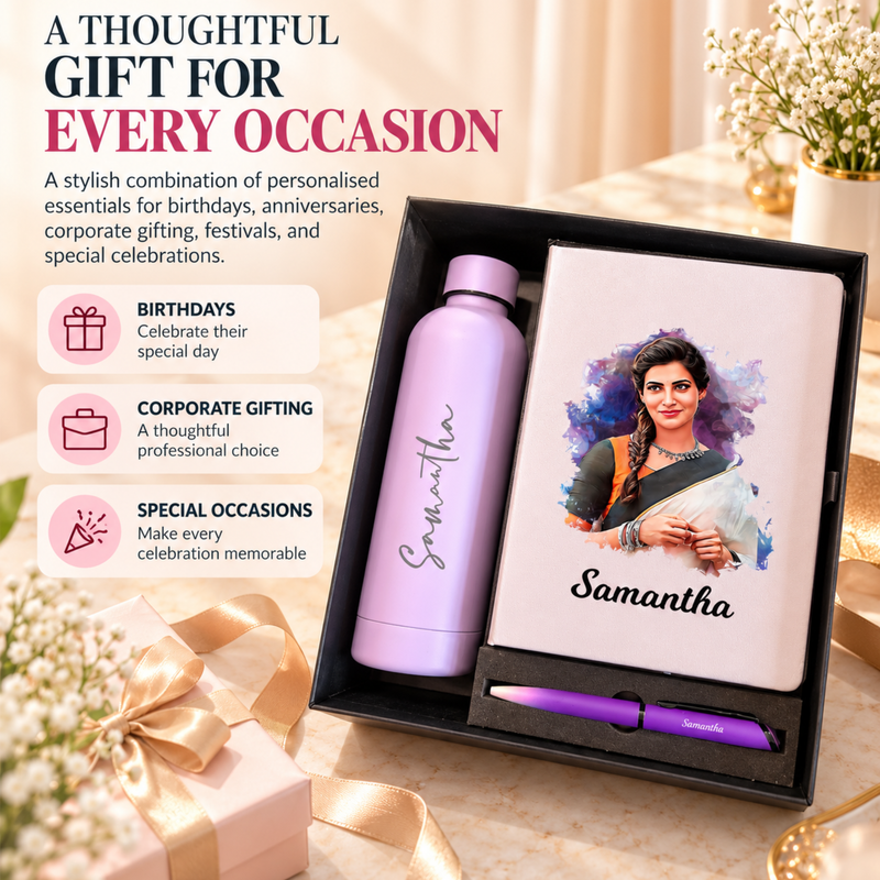 Phantom Personalised Gift Set | Custom Solid Flask with Artistic Diary & Pen | Premium Customised Gift Hamper for Men & Women