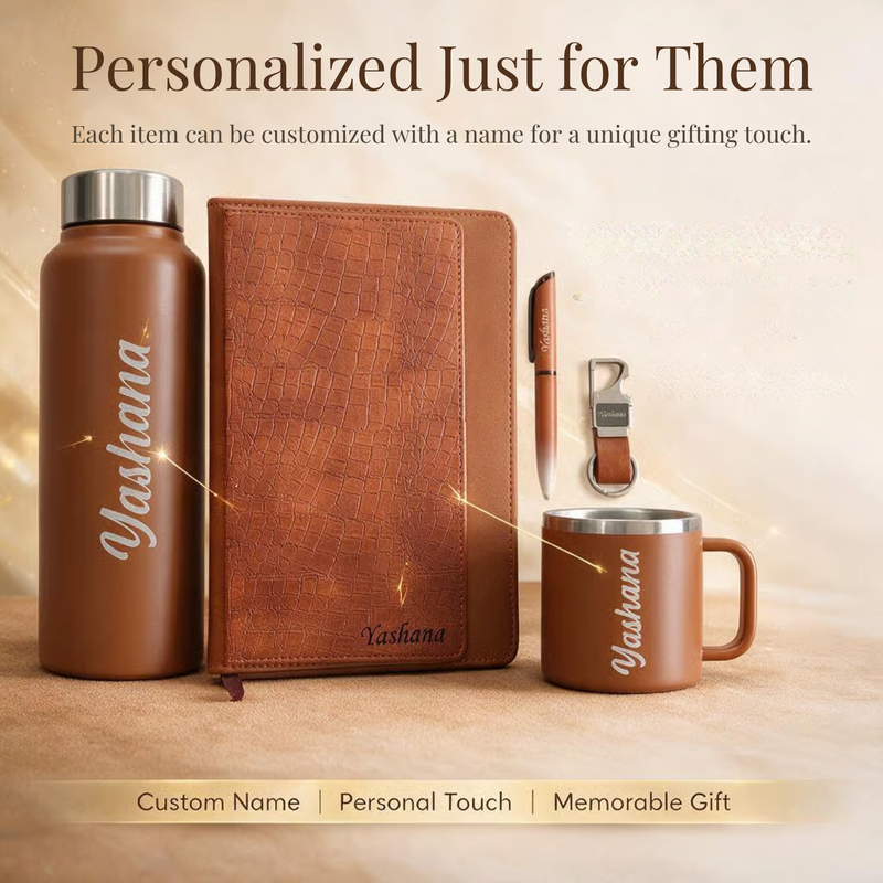Personalized 5 in 1 Gift Set | Custom Name Diary Bottle Pen Keychain & Cup Combo | Gift Set for Birthday Corporate Office & Special Occasions