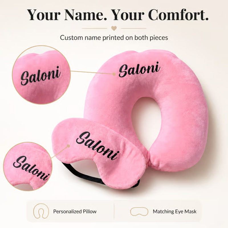 Personalized Travel Pillow & Eye Mask Set | Custom Name Printed Neck Pillow with Matching Sleep Mask | Soft Travel Comfort Set for Flights Car Train & Gifting