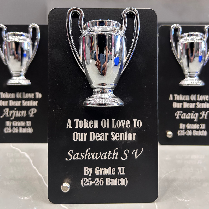 Customised Premium Trophy Table Top Gift with Gold & Silver Cup Design | Personalized Acrylic Award Plaque for Teachers, Seniors, Students, Champions, Farewell & Appreciation Gifts