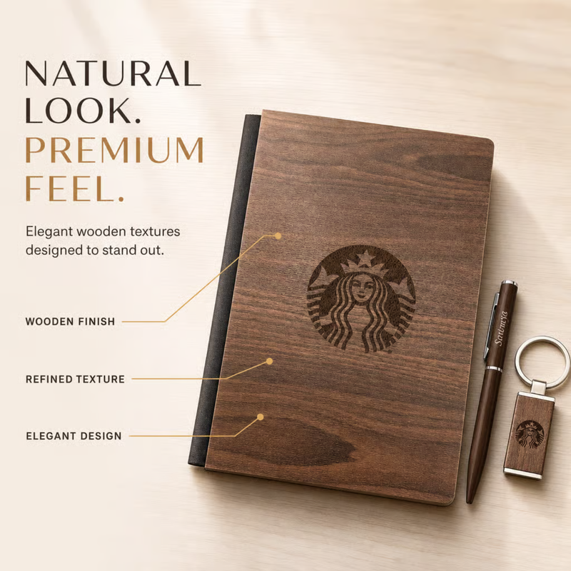 Embassy Gift Set | A5 Wooden Finish Diary with Premium Pen & Personalized Keychain | Luxury Corporate Gift Set for Office Professionals & Special Occasions