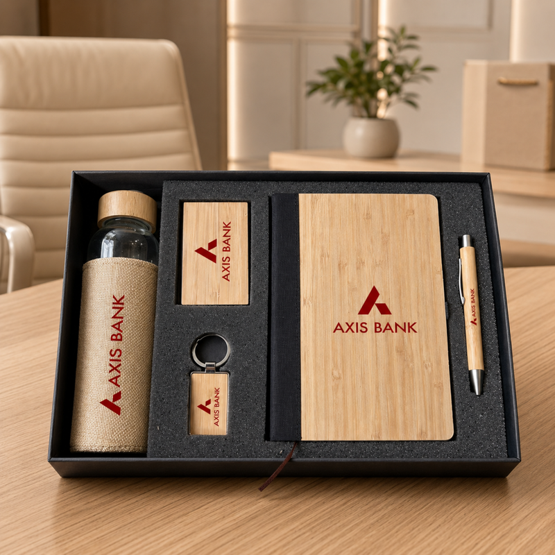 Personalized Prima Bamboo 5 in 1 Gift Set | Custom Name Diary Bottle Pen Keychain & Card Holder Combo | Corporate Office Gifting Set